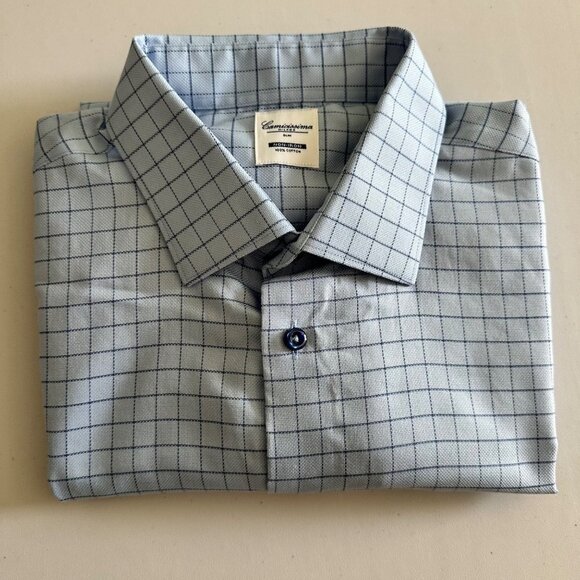 CAMICISSIMA Milano Mens Dress Shirt Short Sleeves Slim Cotton Blue Check Size 42 - Picture 10 of 11